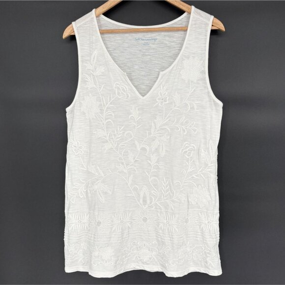 Soft Surroundings Women's Floral Embroidered Sleeveless Tunic Top S White Boho - Picture 1 of 9